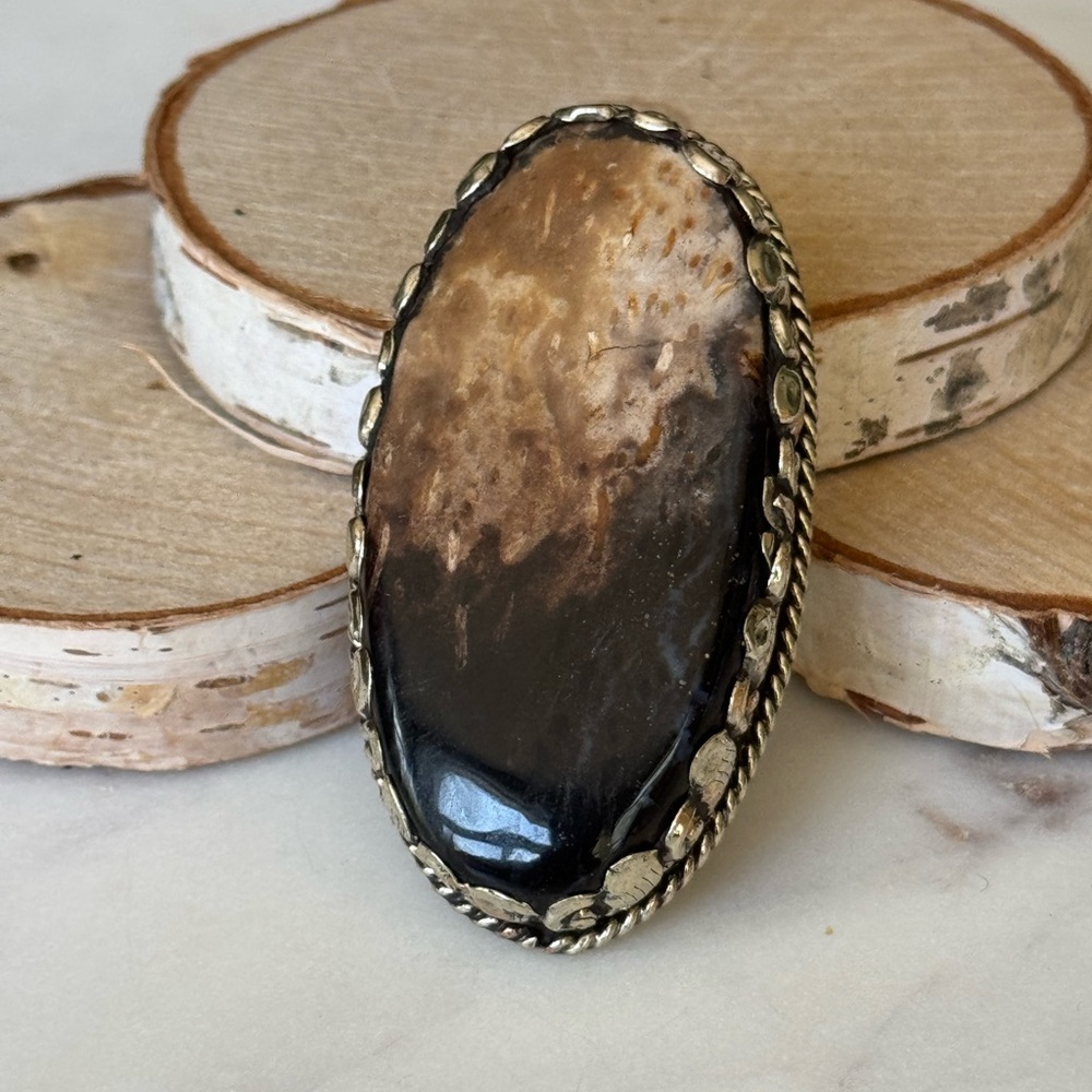 Elegant Black and Brown Agate Stone Ring Adjustable